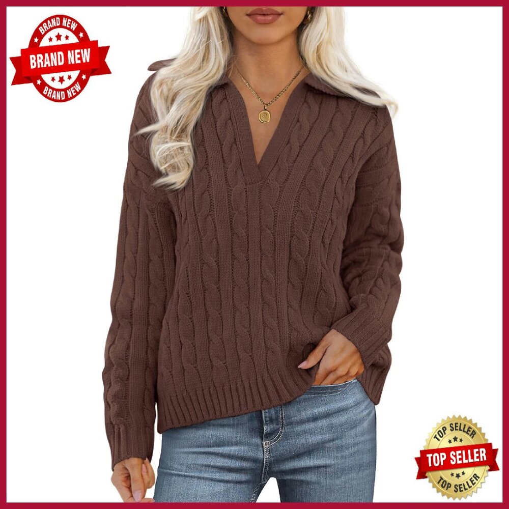 Oversized Cable Knit V-Neck Sweater Women's Chunky Pullover Long Sleeve